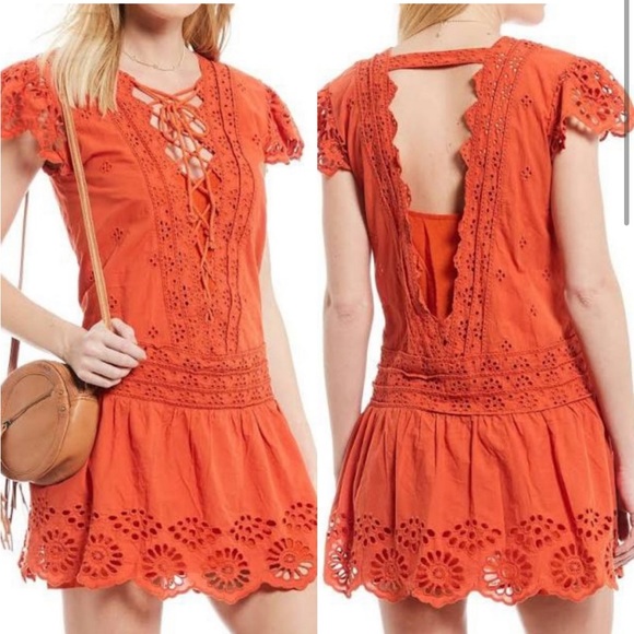 Free People Esperanza Orange Eyelet Mini Dress Size Small - Picture 4 of 15